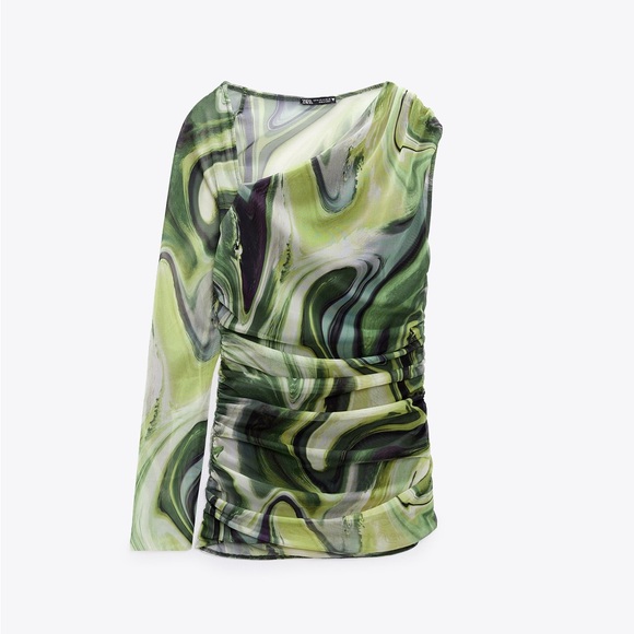 Zara printed tulle top asymmetric sleeves & neckline NWT - Picture 4 of 5